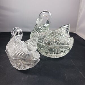Vintage 2pcs Clear Cut Glass Swan Trinket/ Candy Dish